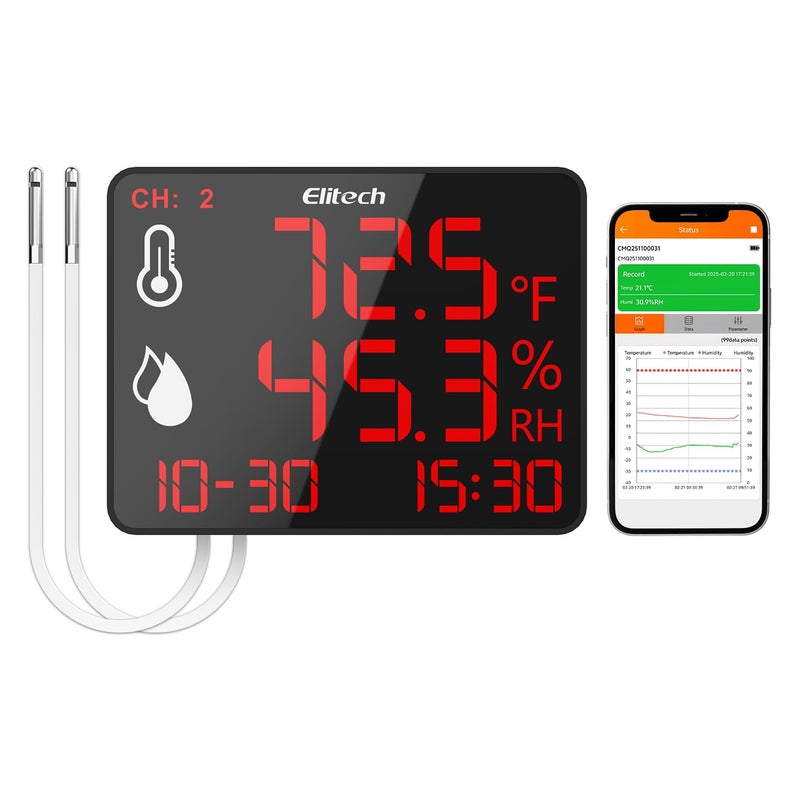 Elitech Bluetooth Hygrometer Thermometer Reusable Temperature Recorder Data Logger with Large Screen Data Storage Export, DR-230-THDE with Dual External Temperature and Humidity Sensor - Image 1